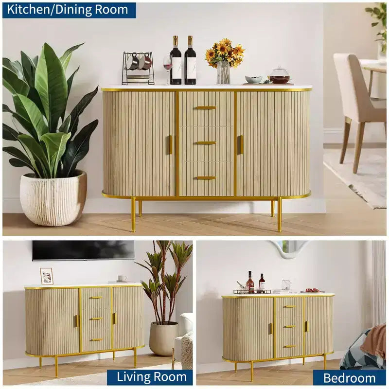 Sideboard Buffet Cabinet with Sliding Door, 3 Drawers and Fluted Design