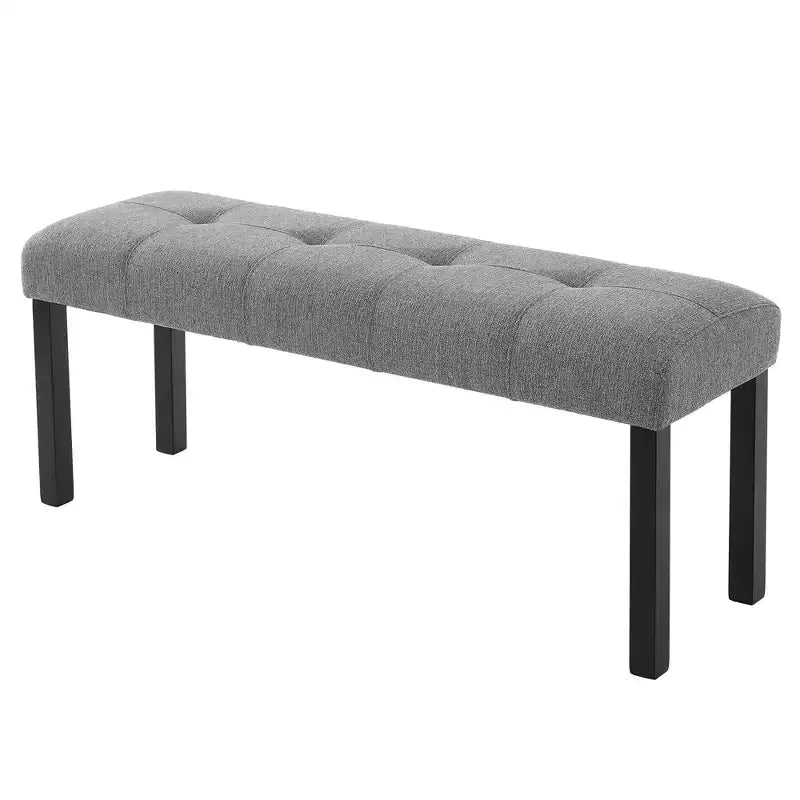 Modern Tufted Linen Dining Bench, Black Rubber Wood Legs
