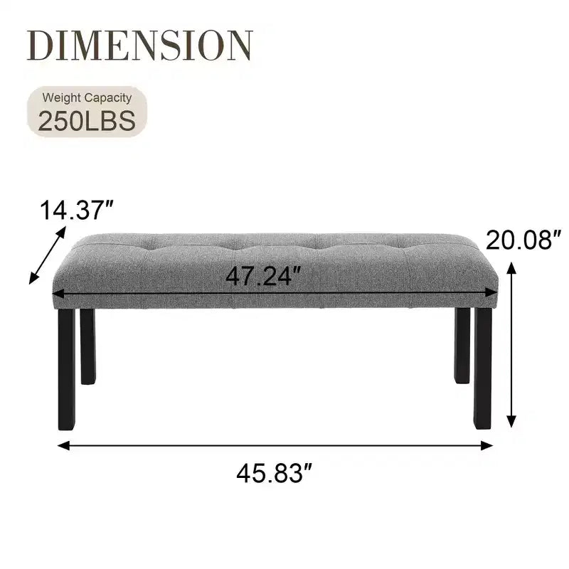 Modern Tufted Linen Dining Bench, Black Rubber Wood Legs