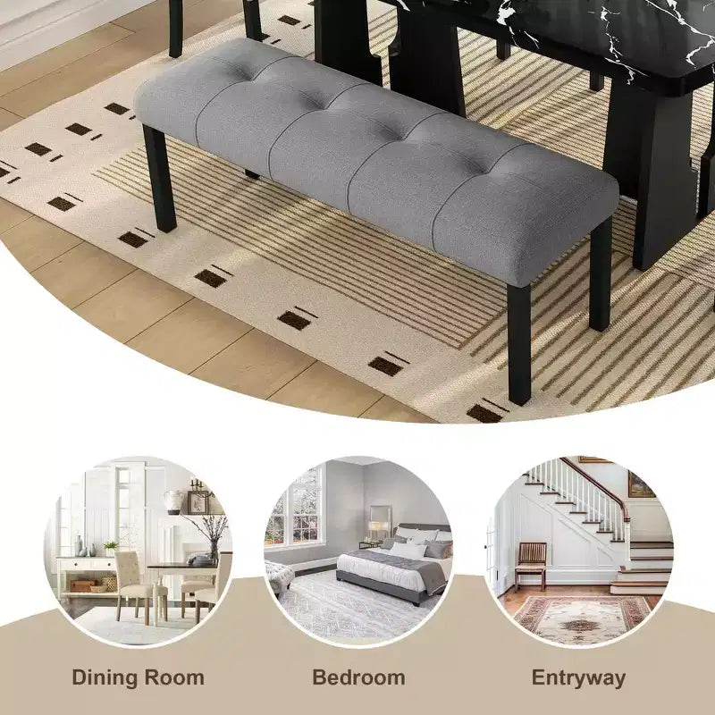 Modern Tufted Linen Dining Bench, Black Rubber Wood Legs