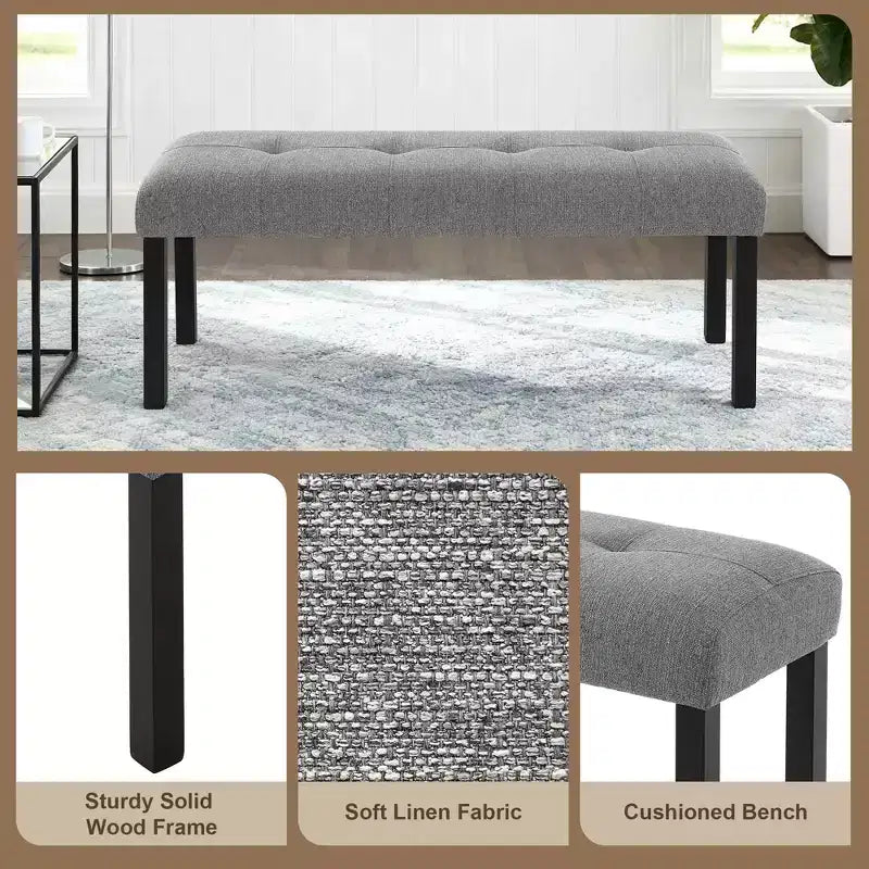 Modern Tufted Linen Dining Bench, Black Rubber Wood Legs