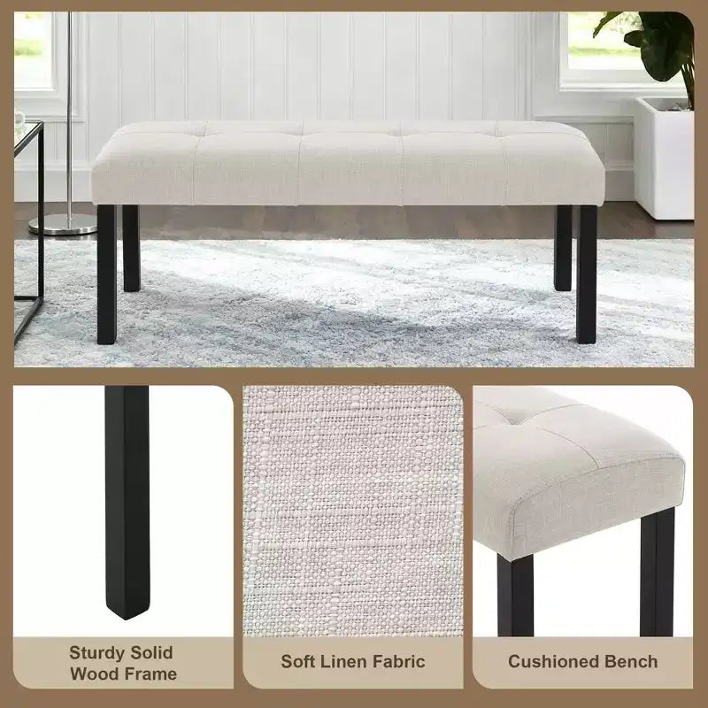 Modern Tufted Linen Dining Bench, Black Rubber Wood Legs