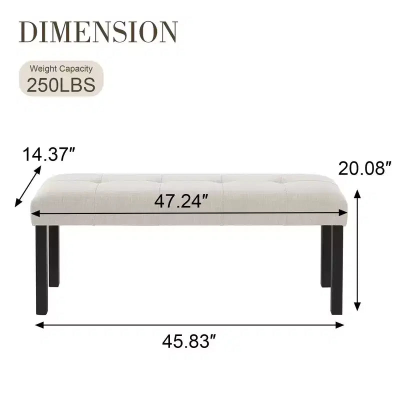 Modern Tufted Linen Dining Bench, Black Rubber Wood Legs