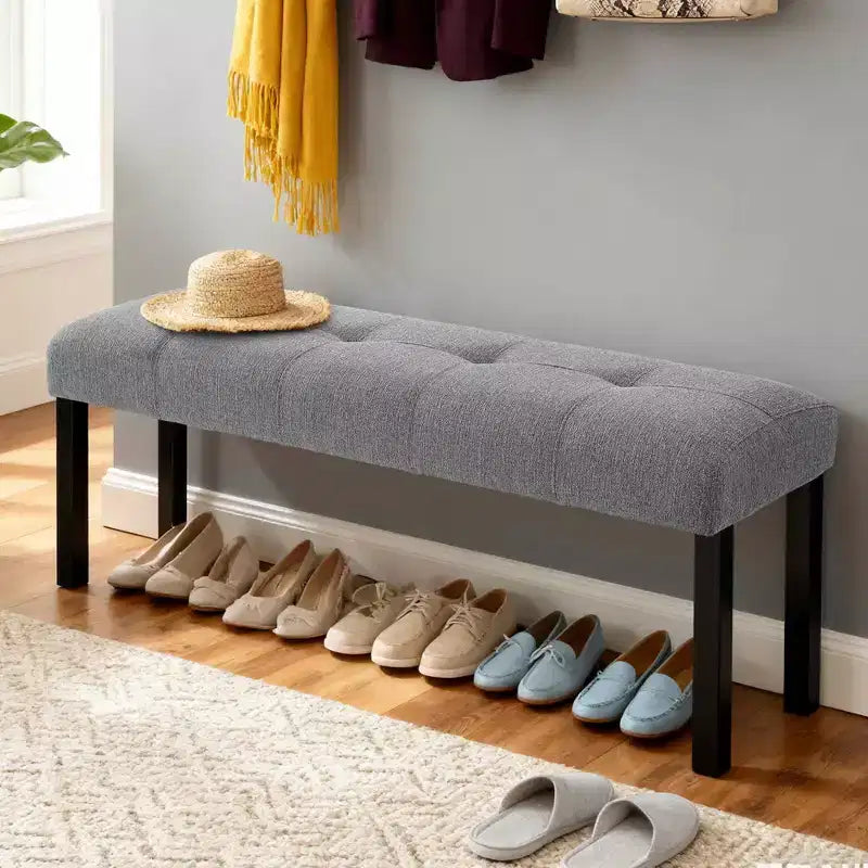 Modern Tufted Linen Dining Bench, Black Rubber Wood Legs