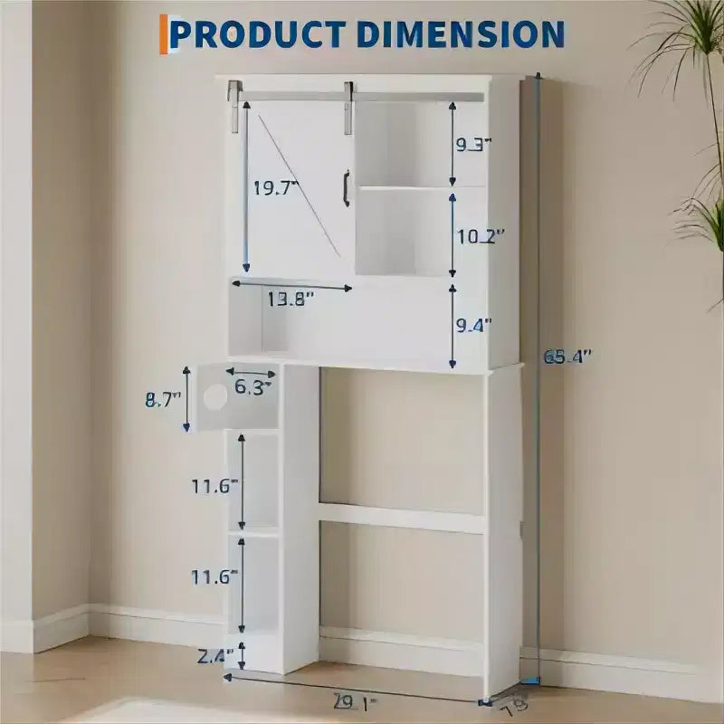 White Over Toilet Storage Cabinet with Barn Door and Tissue Holder