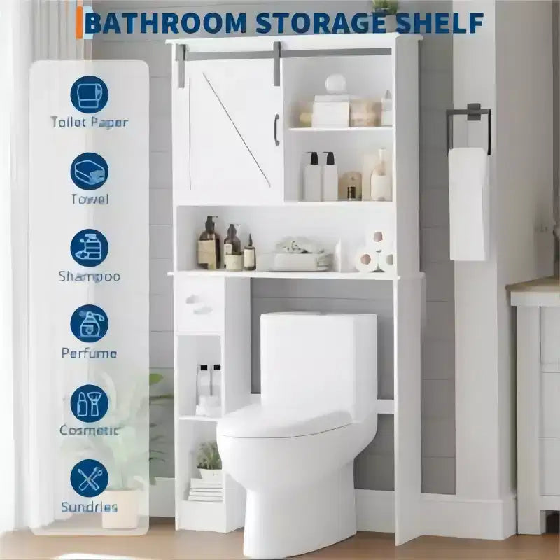 White Over Toilet Storage Cabinet with Barn Door and Tissue Holder