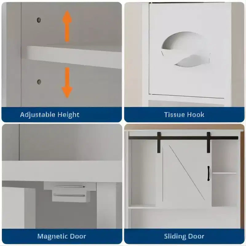 White Over Toilet Storage Cabinet with Barn Door and Tissue Holder