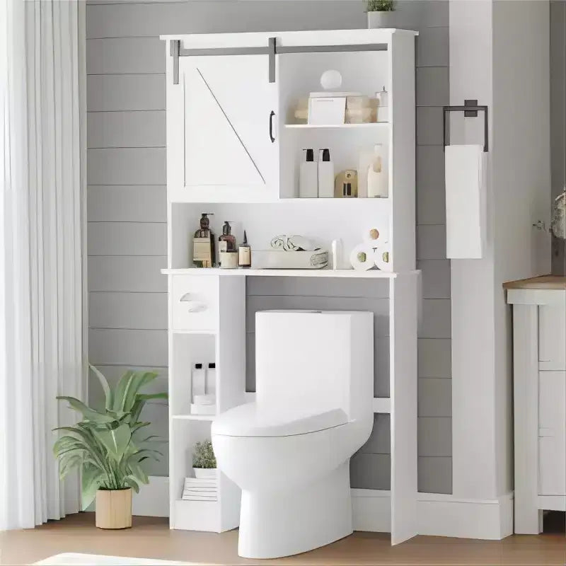 White Over Toilet Storage Cabinet with Barn Door and Tissue Holder