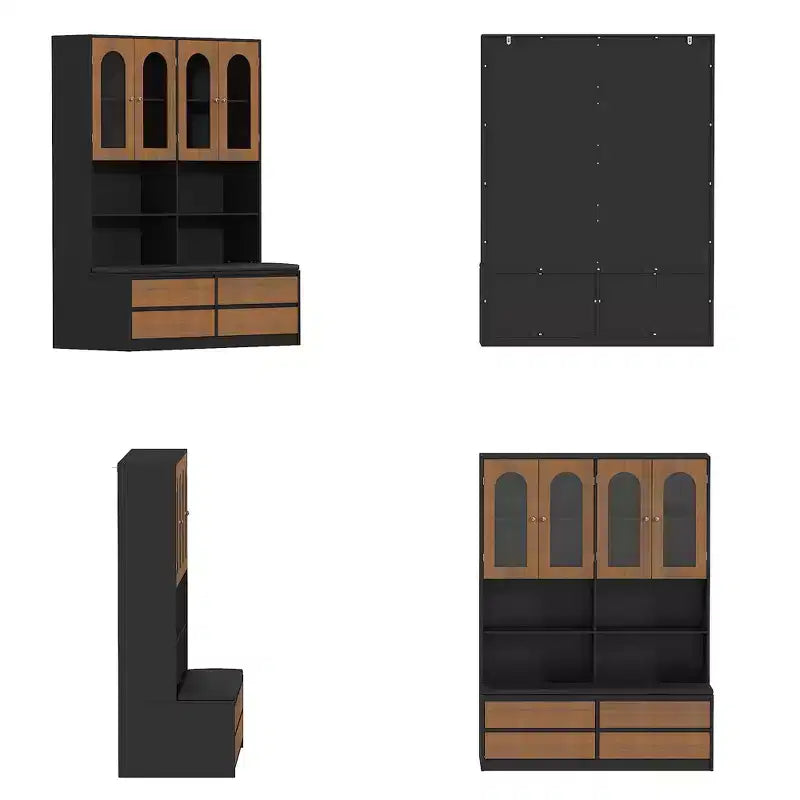 Bookcase with Cushioned Bench, Arch Glass Doors, Drawers and Shoe Storage
