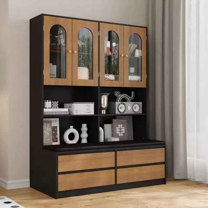 Bookcase with Cushioned Bench, Arch Glass Doors, Drawers and Shoe Storage