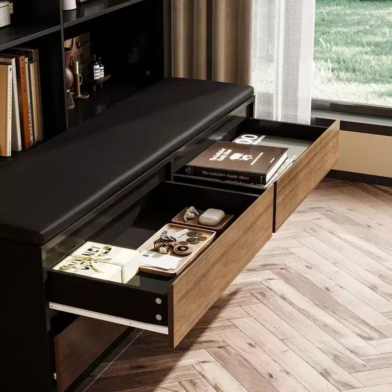 Bookcase with Cushioned Bench, Arch Glass Doors, Drawers and Shoe Storage