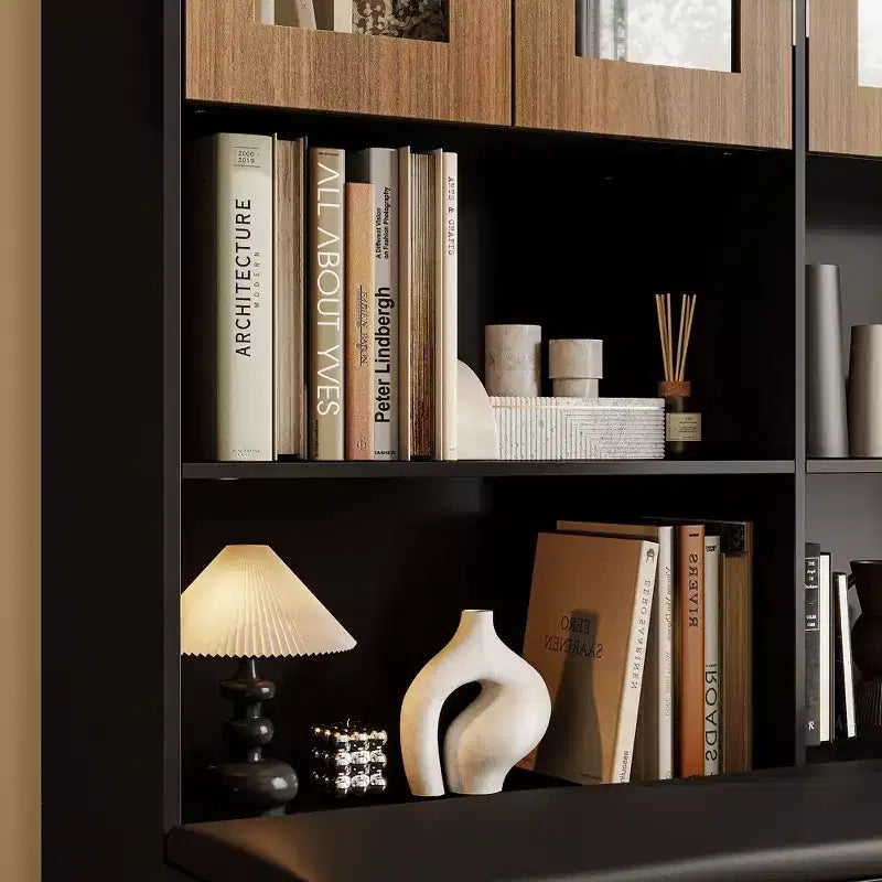 Bookcase with Cushioned Bench, Arch Glass Doors, Drawers and Shoe Storage
