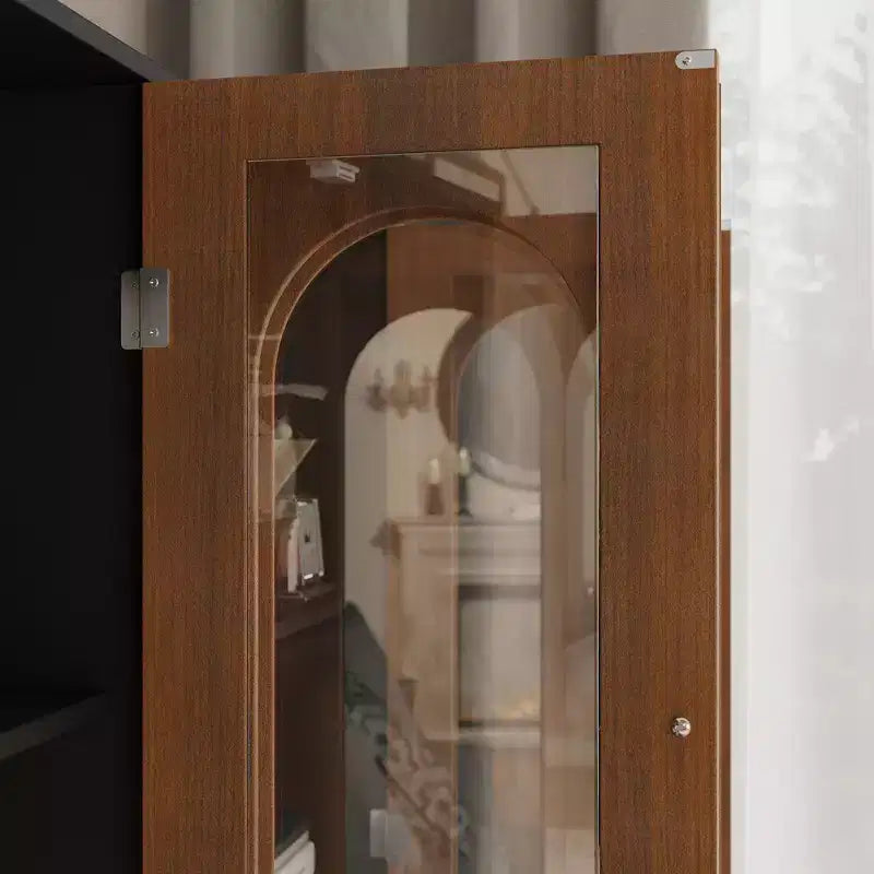 Bookcase with Cushioned Bench, Arch Glass Doors, Drawers and Shoe Storage
