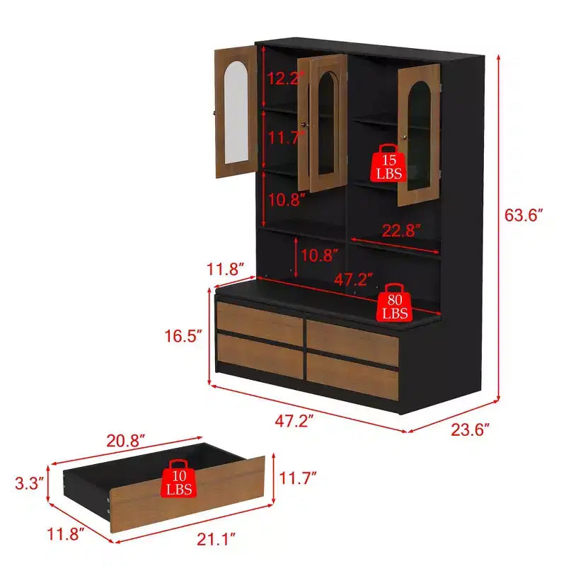 Bookcase with Cushioned Bench, Arch Glass Doors, Drawers and Shoe Storage