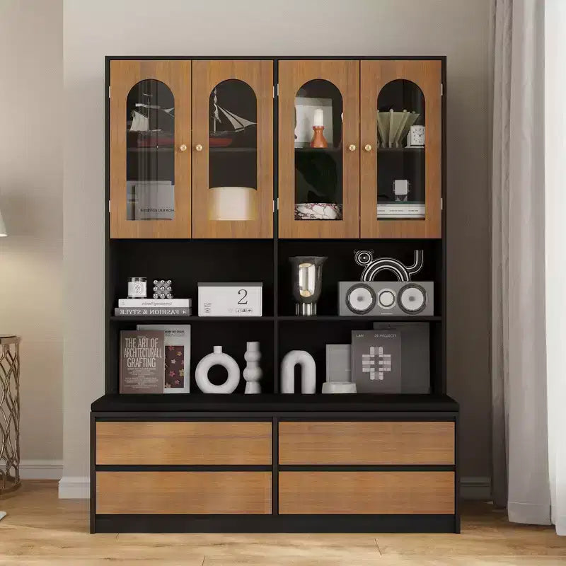 Bookcase with Cushioned Bench, Arch Glass Doors, Drawers and Shoe Storage