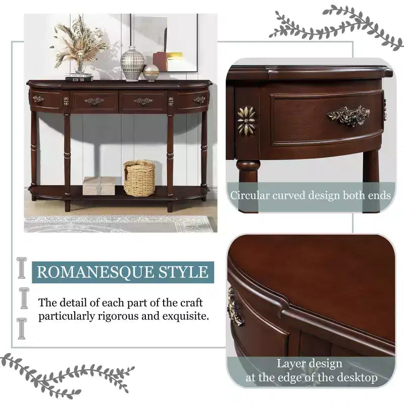 Retro Curved Console Table with 2 Drawers and Open Shelf - Farmhouse Entryway Table