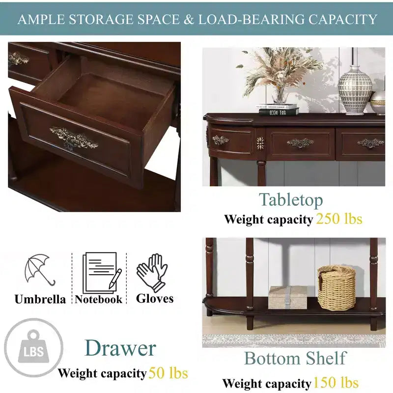 Retro Curved Console Table with 2 Drawers and Open Shelf - Farmhouse Entryway Table