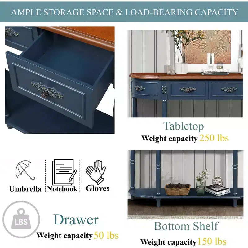 Retro Curved Console Table with 2 Drawers and Open Shelf - Farmhouse Entryway Table