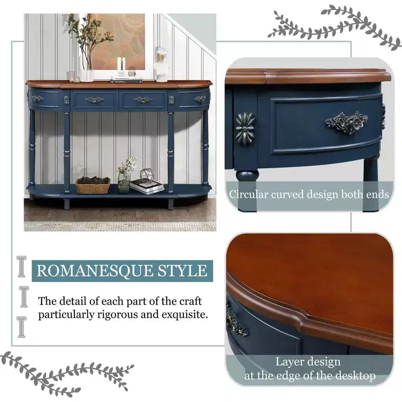 Retro Curved Console Table with 2 Drawers and Open Shelf - Farmhouse Entryway Table