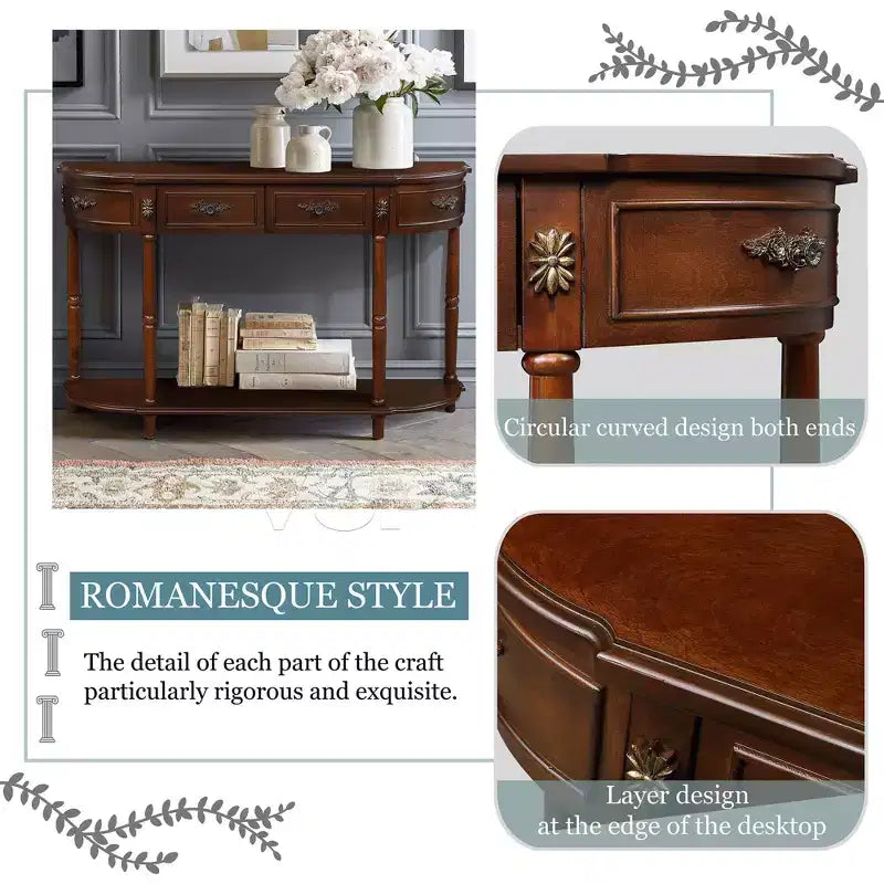 Retro Curved Console Table with 2 Drawers and Open Shelf - Farmhouse Entryway Table