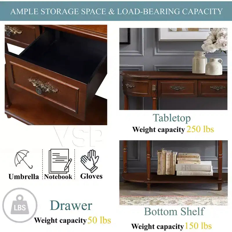 Retro Curved Console Table with 2 Drawers and Open Shelf - Farmhouse Entryway Table