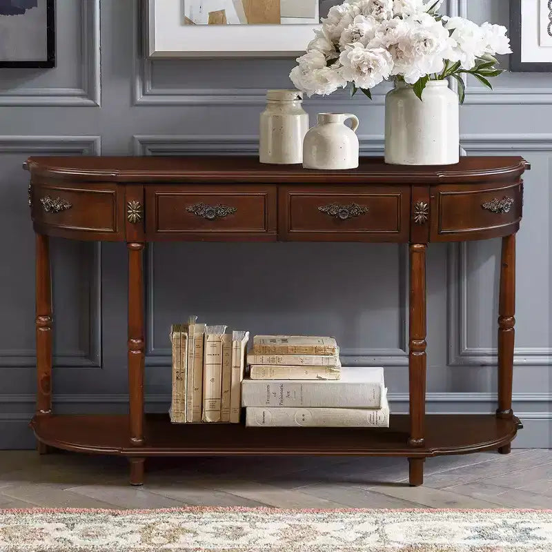 Retro Curved Console Table with 2 Drawers and Open Shelf - Farmhouse Entryway Table