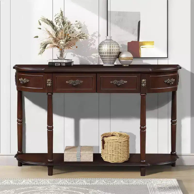 Retro Curved Console Table with 2 Drawers and Open Shelf - Farmhouse Entryway Table