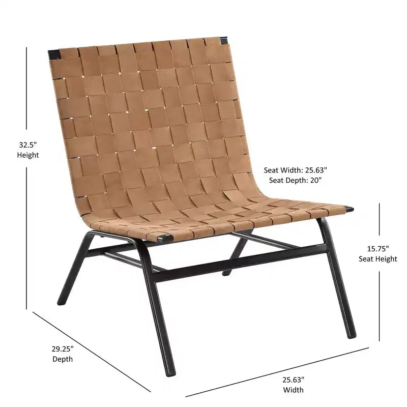 Woven Leather Accent Chair, Brown - Genuine Leather, Metal Frame, Mid-Century Modern