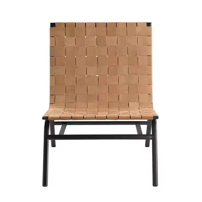 Woven Leather Accent Chair, Brown - Genuine Leather, Metal Frame, Mid-Century Modern