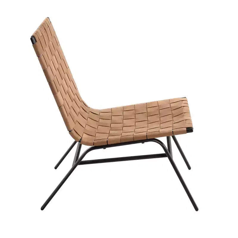 Woven Leather Accent Chair, Brown - Genuine Leather, Metal Frame, Mid-Century Modern