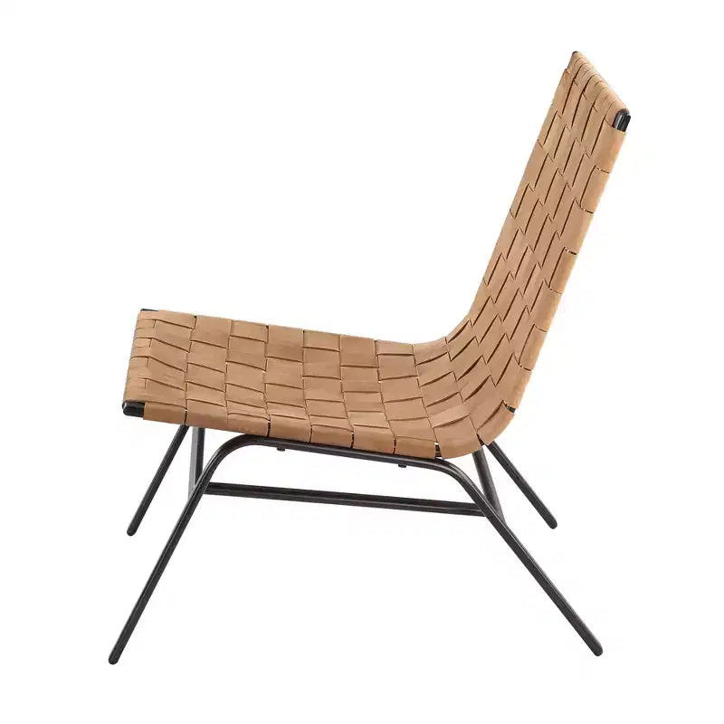 Woven Leather Accent Chair, Brown - Genuine Leather, Metal Frame, Mid-Century Modern