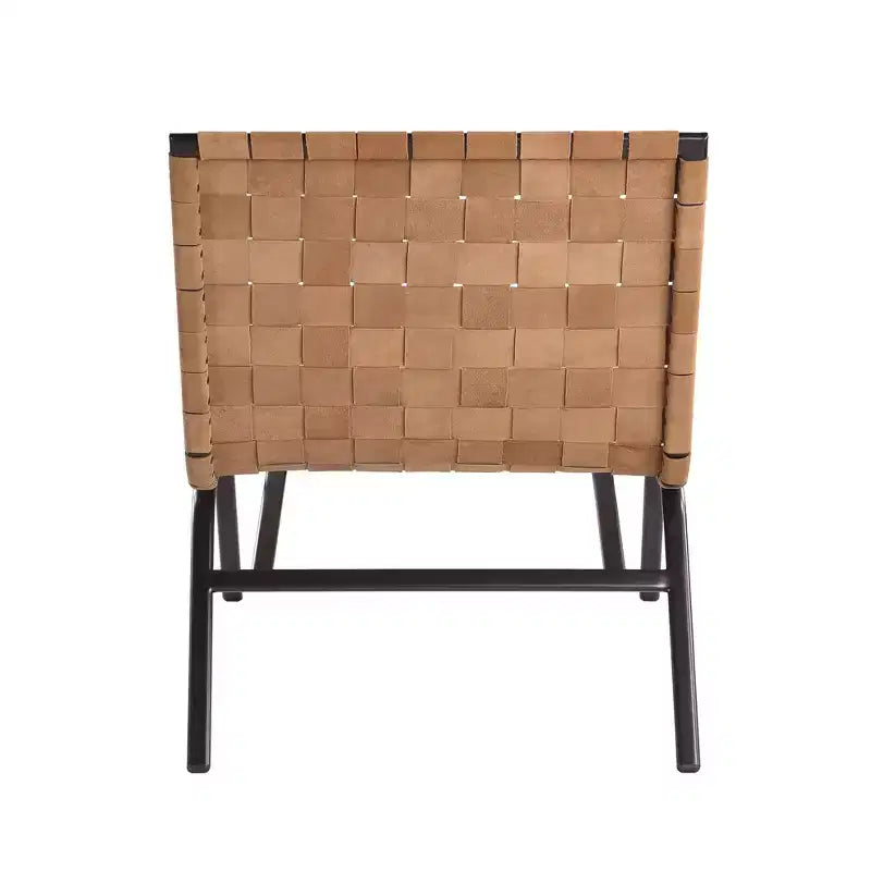 Woven Leather Accent Chair, Brown - Genuine Leather, Metal Frame, Mid-Century Modern