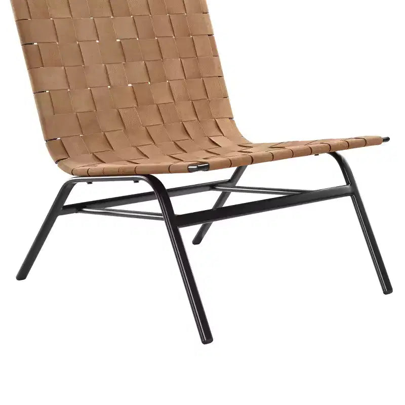 Woven Leather Accent Chair, Brown - Genuine Leather, Metal Frame, Mid-Century Modern