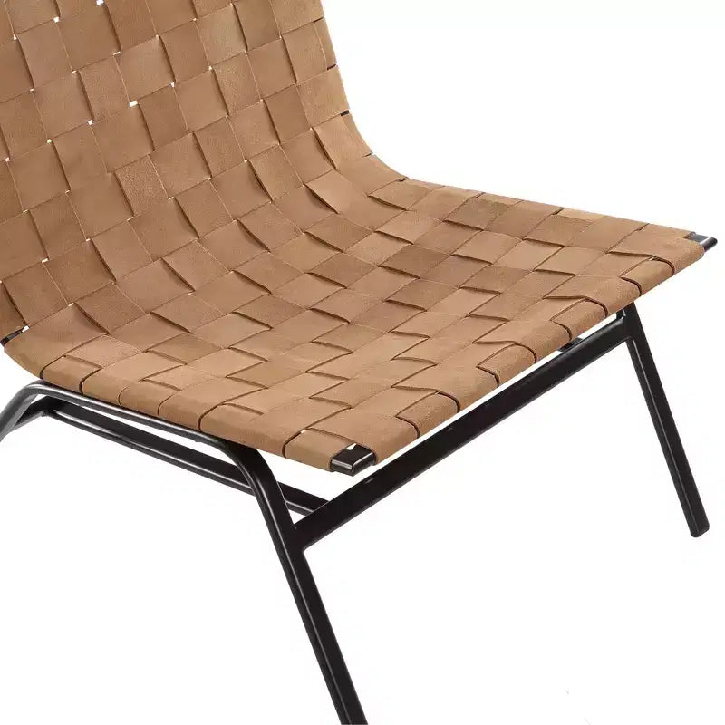 Woven Leather Accent Chair, Brown - Genuine Leather, Metal Frame, Mid-Century Modern