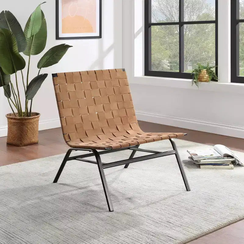 Woven Leather Accent Chair, Brown - Genuine Leather, Metal Frame, Mid-Century Modern