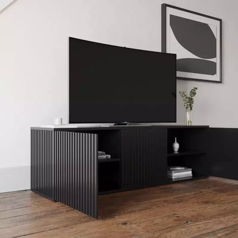 TV Stand for TVs up to 60", Black - Modern Media Console with Doors