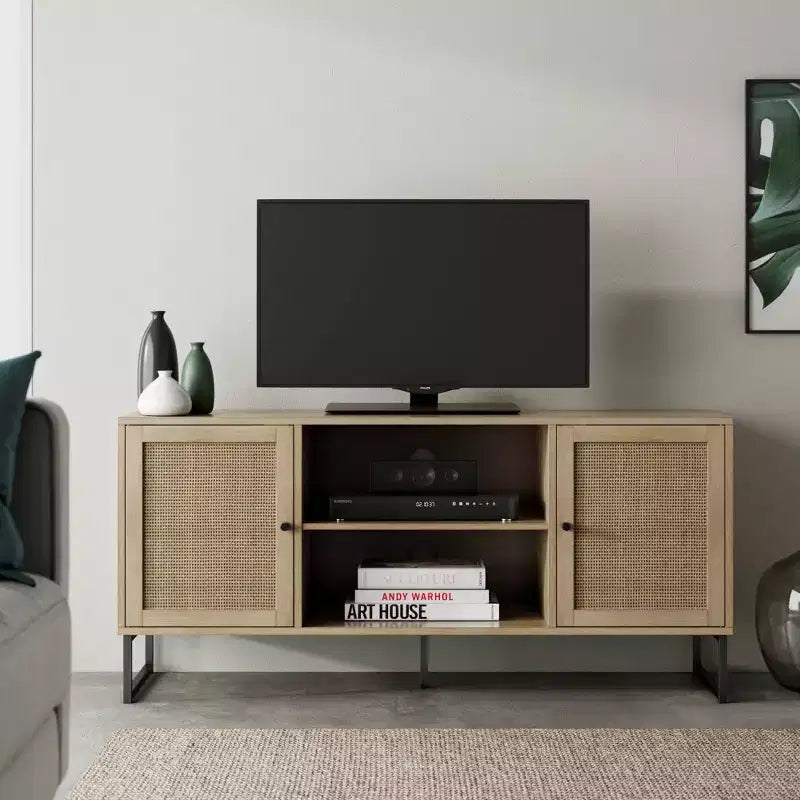 47" Rattan and Wood 2-Door TV Cabinet for TVs up to 55", Light Oak/Matte Black