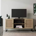 47" Rattan and Wood 2-Door TV Cabinet for TVs up to 55", Light Oak/Matte Black