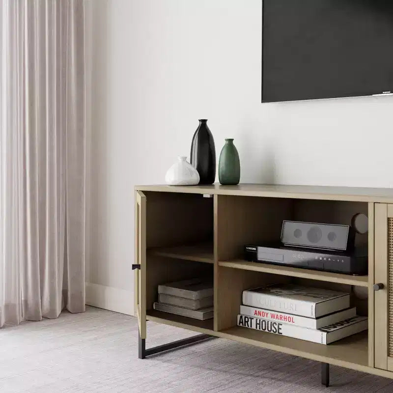 47" Rattan and Wood 2-Door TV Cabinet for TVs up to 55", Light Oak/Matte Black