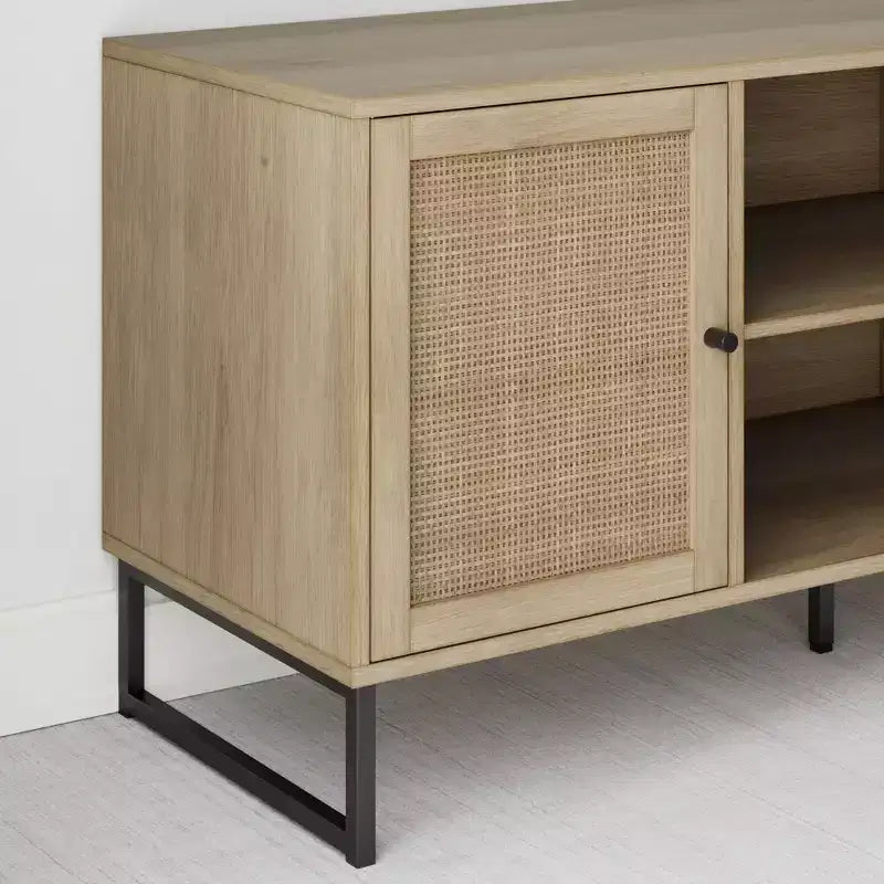 47" Rattan and Wood 2-Door TV Cabinet for TVs up to 55", Light Oak/Matte Black