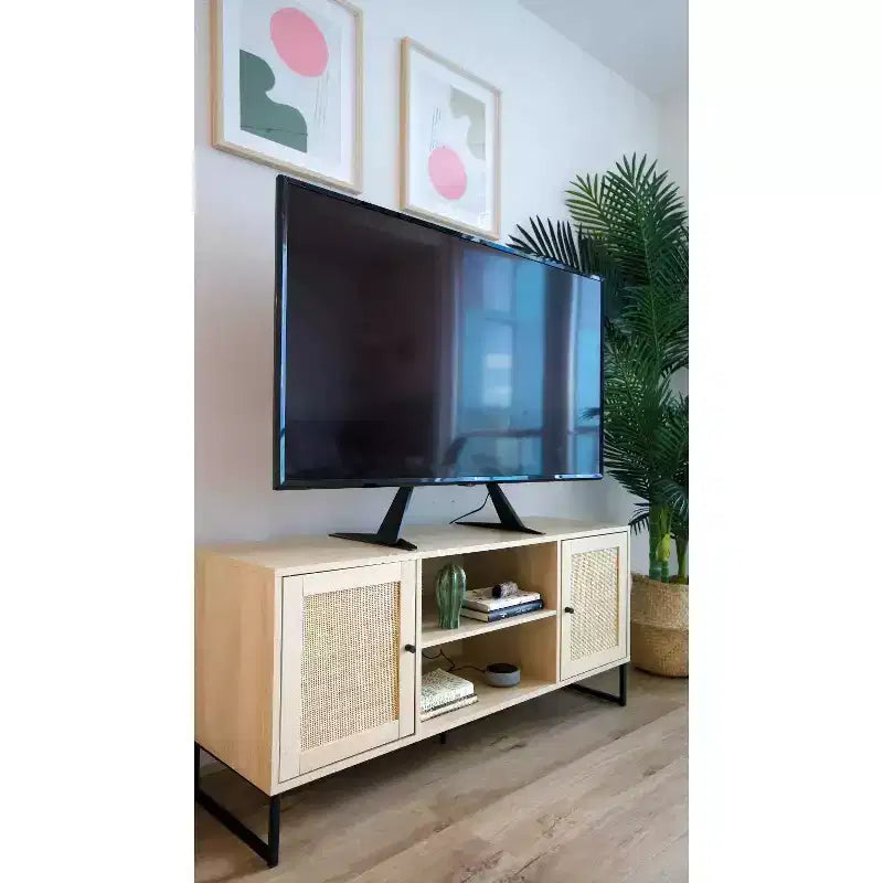47" Rattan and Wood 2-Door TV Cabinet for TVs up to 55", Light Oak/Matte Black