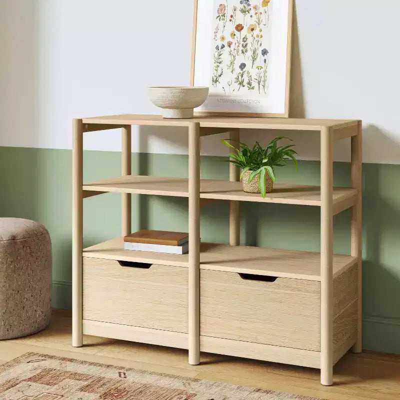 32" Small Bookcase with Storage Drawers, Natural