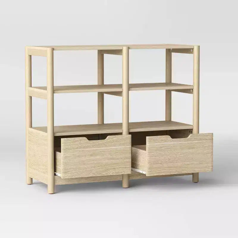 32" Small Bookcase with Storage Drawers, Natural