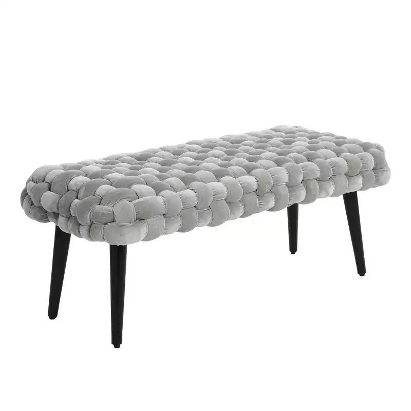 Velvet Entryway Bench, Gray - Upholstered Ottoman, Acacia Frame, 44.5" Length