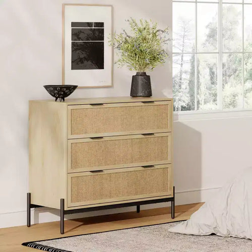 3-Drawer Storage Cabinet with Natural Rattan Accent and Metal Legs