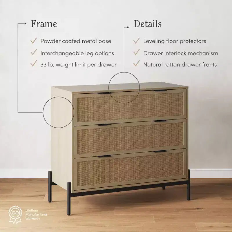 3-Drawer Storage Cabinet with Natural Rattan Accent and Metal Legs