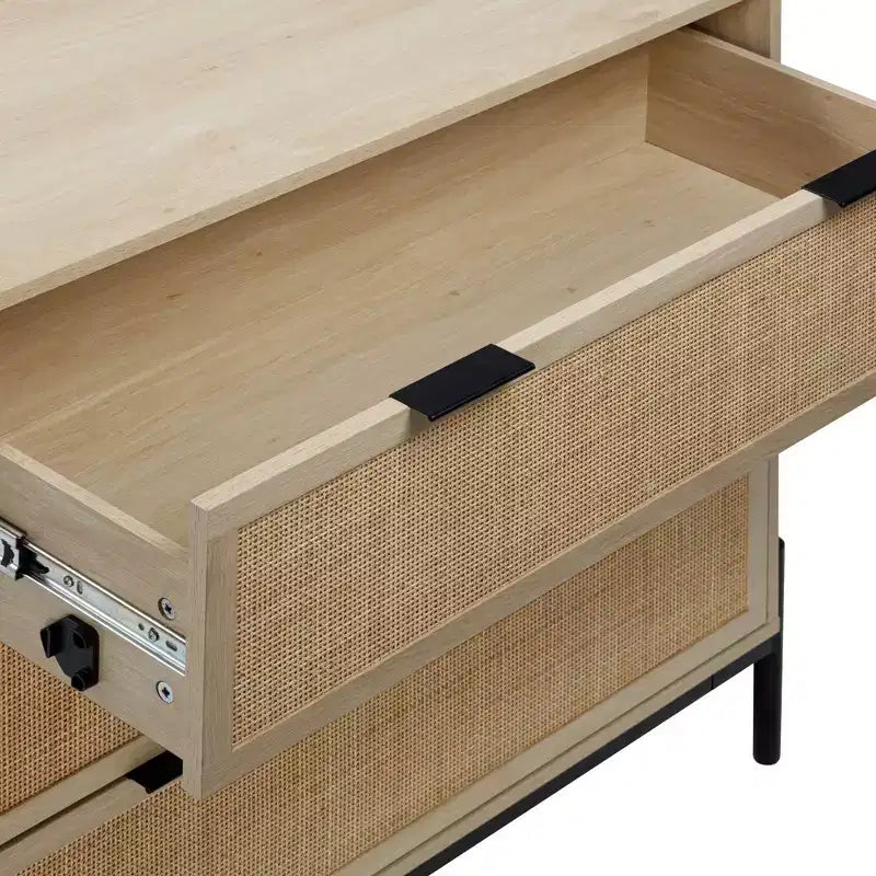 3-Drawer Storage Cabinet with Natural Rattan Accent and Metal Legs