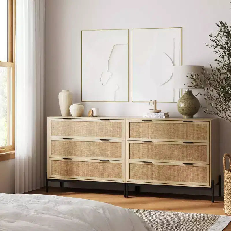3-Drawer Storage Cabinet with Natural Rattan Accent and Metal Legs