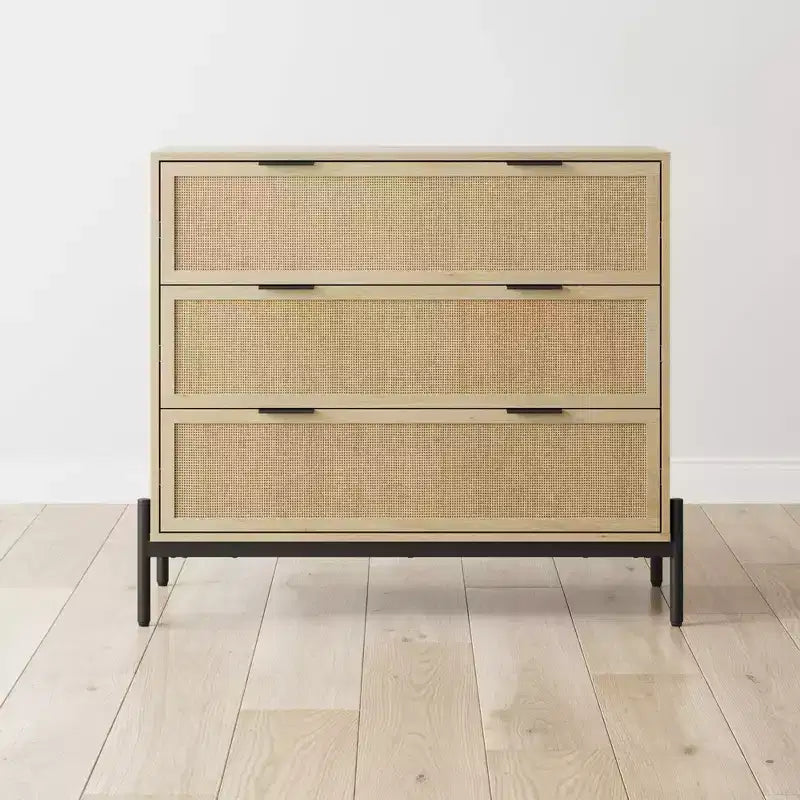 3-Drawer Storage Cabinet with Natural Rattan Accent and Metal Legs