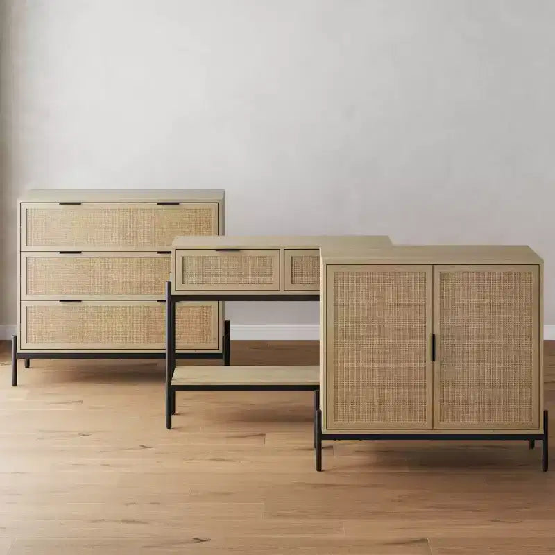 3-Drawer Storage Cabinet with Natural Rattan Accent and Metal Legs